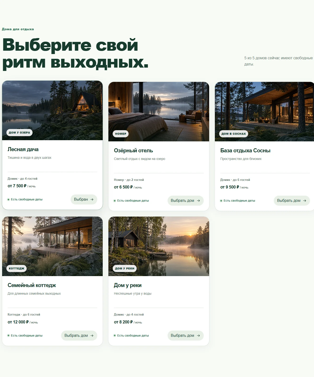 Каталог пяти объектов размещения.
